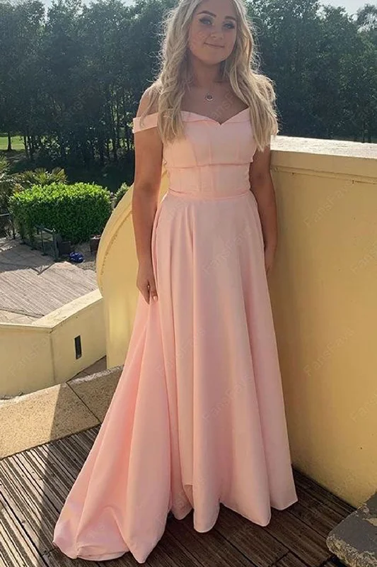 floor-length evening dress-Off the Shoulder Pink Prom Dresses