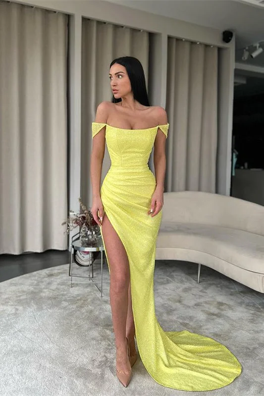 evening dress with illusion neckline-Off-The-Shoulder Prom Dress: Bright Yellow Mermaid with Split