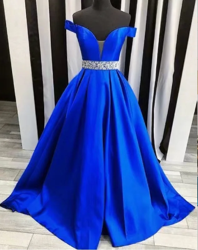 evening dress for bridesmaids-Off the Shoulder Royal Blue Prom Dresses Waist with Beading