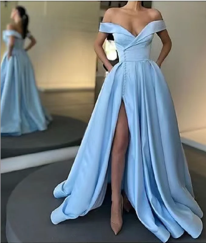 evening dress with ruffles-Off the Shoulder Sky Blue Prom Dresses Slit