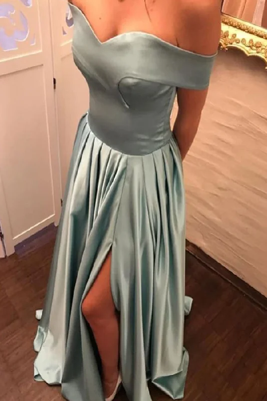 modest evening dress-Off the Shoulder Slit Prom Dresses