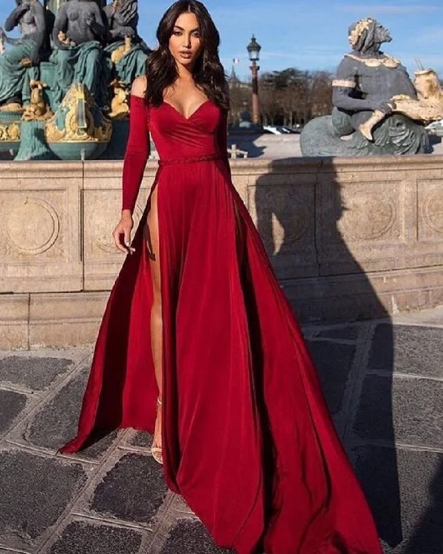 deep V-neck evening dress-Off the Shoulder Split Side Red Prom Dresses