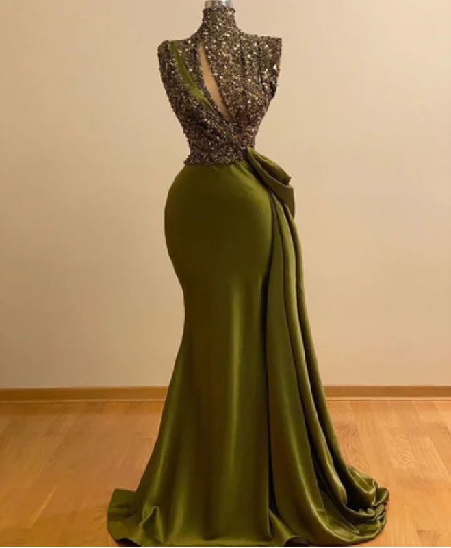 evening dress with lace overlay-Olive Green Mermaid Prom Dresses with Beading