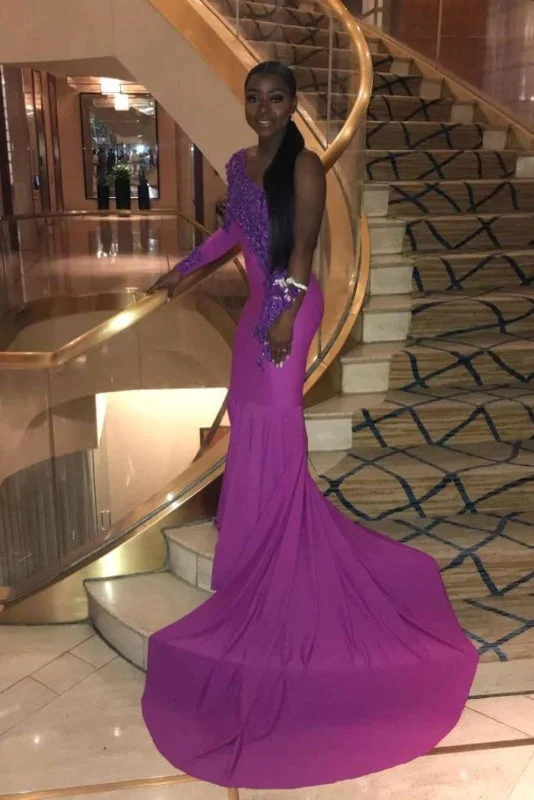 long evening dress-One Shoulder Lace Appliques Mermaid Long prom Gown with Train