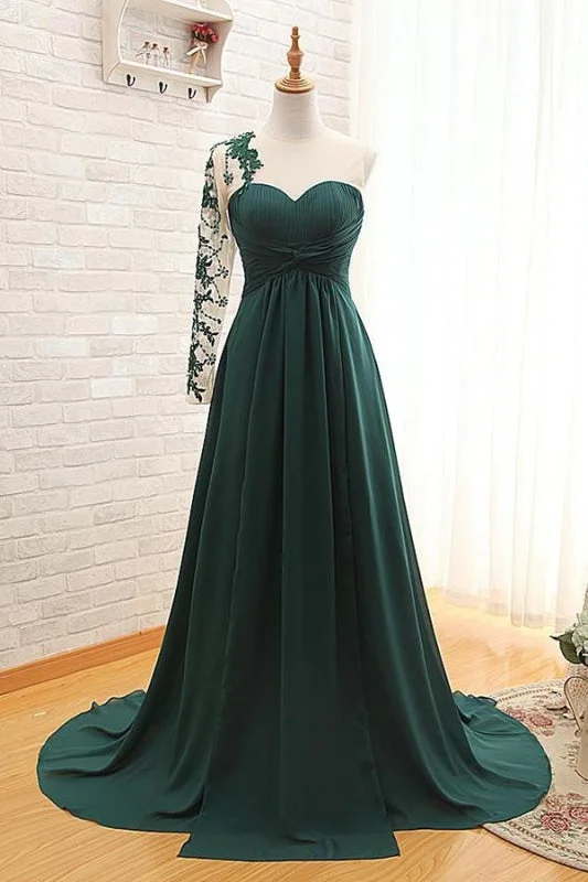 V-neck evening dress-One Shoulder Long Sleeve A Line Dagreen Prom Dress