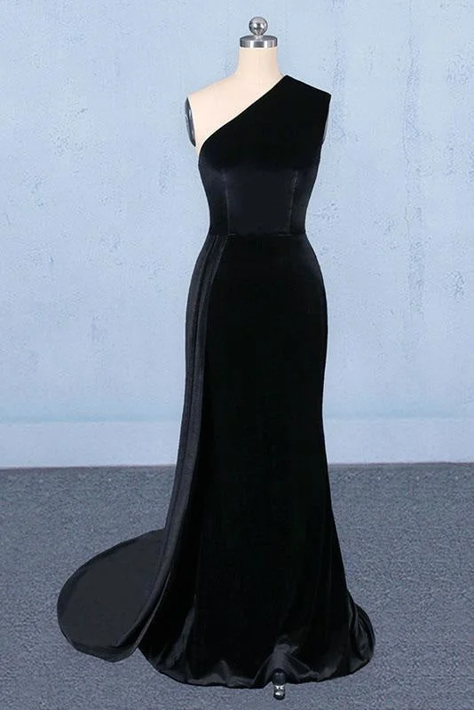 maxi evening dress-One Shoulder Mermaid Long Evening Dress Unique Black Prom Dresses