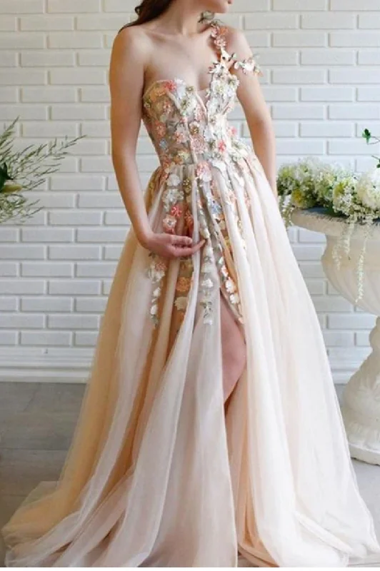 evening dress with illusion back-One Shoulder Prom Dresses with Flowers