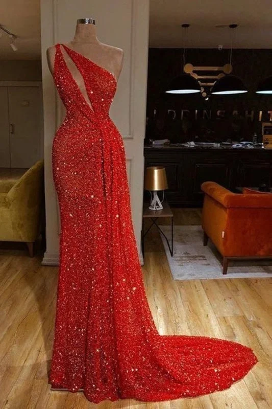 mermaid evening dress-One Shoulder Red Sexy Sequins Long Prom Dresses