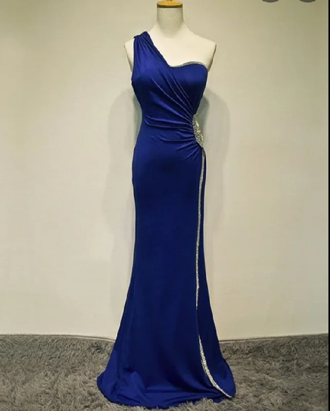 evening dress with appliques-One Shoulder Royal Blue Prom Dresses