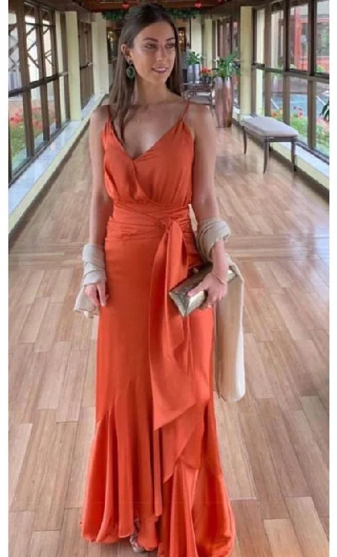 evening dress for prom-Orange Long Prom Dresses Spaghetti Straps