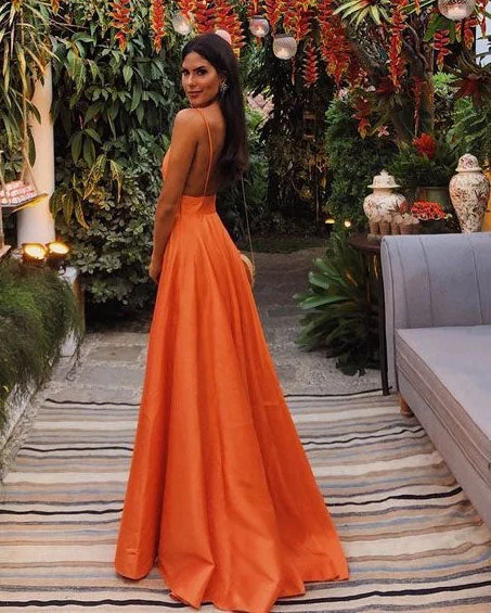 evening dress with back detail-Orange Prom Dresses Spaghetti Straps