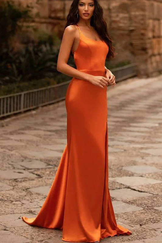 evening dress with back detail-Orange Slit Prom Dresses Evening Gown