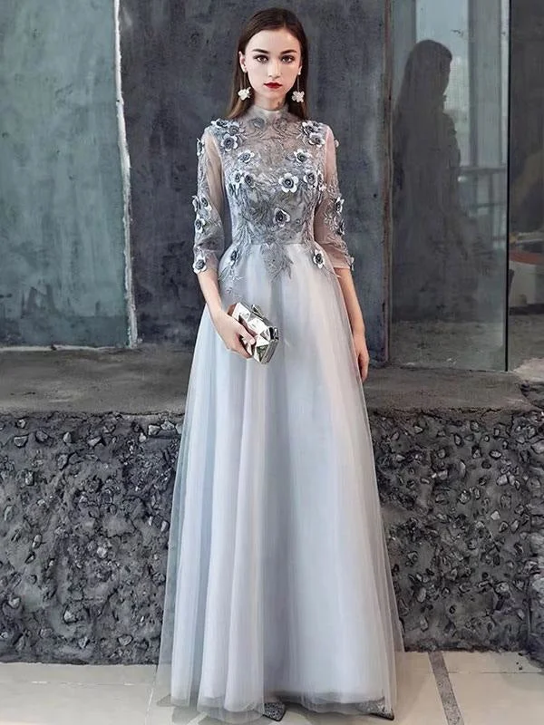 evening dress with bow-Ormal Dinner Dress 2021 Flower Lace Applique Half Sleeve Floor Length Social Evening Party Dresses