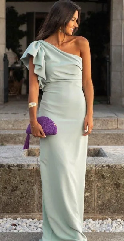 evening dress with belt-Pale Sage One Shoulder Prom Dresses