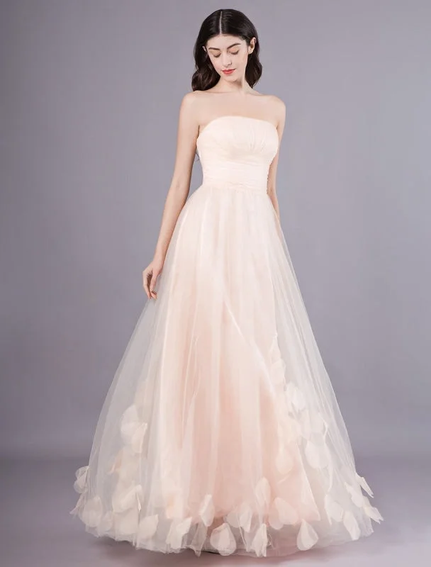 evening dress with keyhole back-Peach Strapless Prom Dress A Line Flower Tulle Floor Length Homecoming Dress