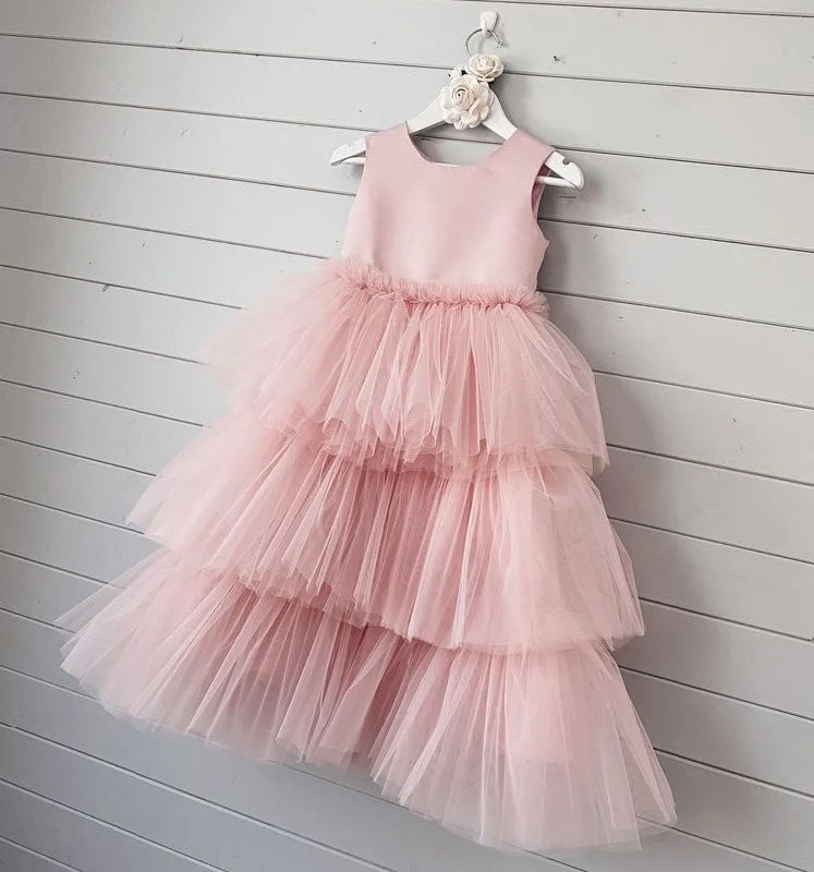 satin evening dress-Pink Floor Length Flower Girl Dresses Birthday Gown