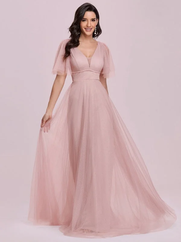 high-low evening dress-Pink Homecoming Dress A-Line V-Neck Short Sleeves Backless Tulle Floor-Length Evening Dress