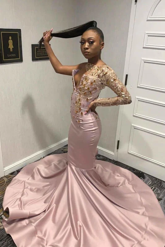 off-the-shoulder evening dress-Pink One Shoulder Mermaid Prom Dresses with Train