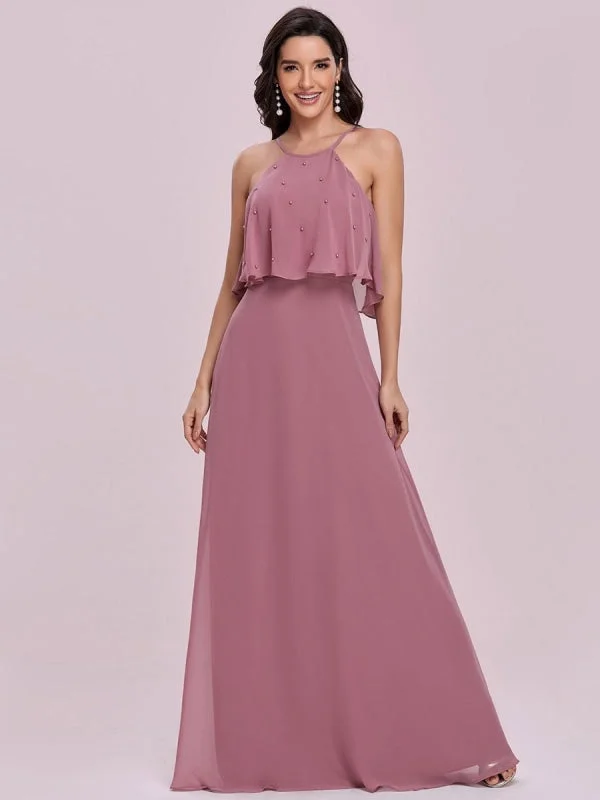 tulle evening dress-Pink Prom Dress A-Line Halter Sequined Sleeveless Sequined Floor-Length Party Dresses