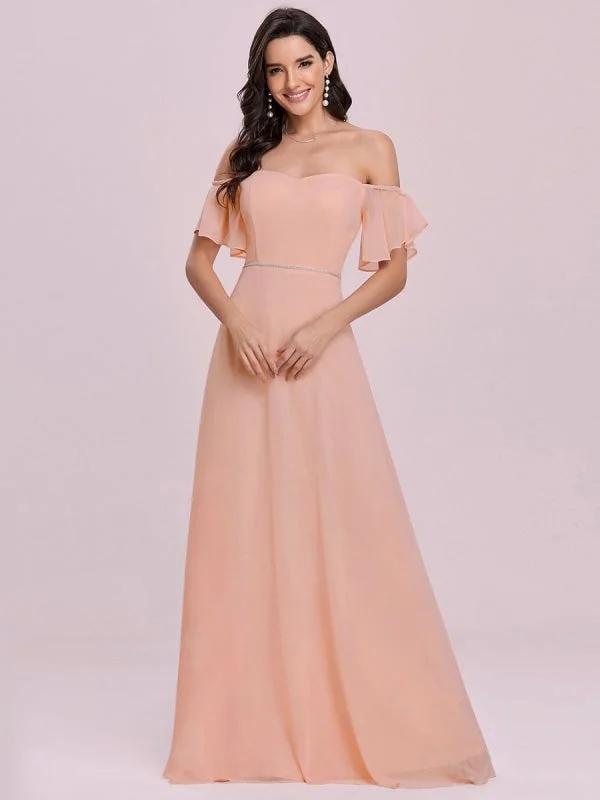 plus size evening dress-Pink Prom Dress Off-The-Shoulder A-Line Sleeveless Sash Chiffon Pageant Dresses