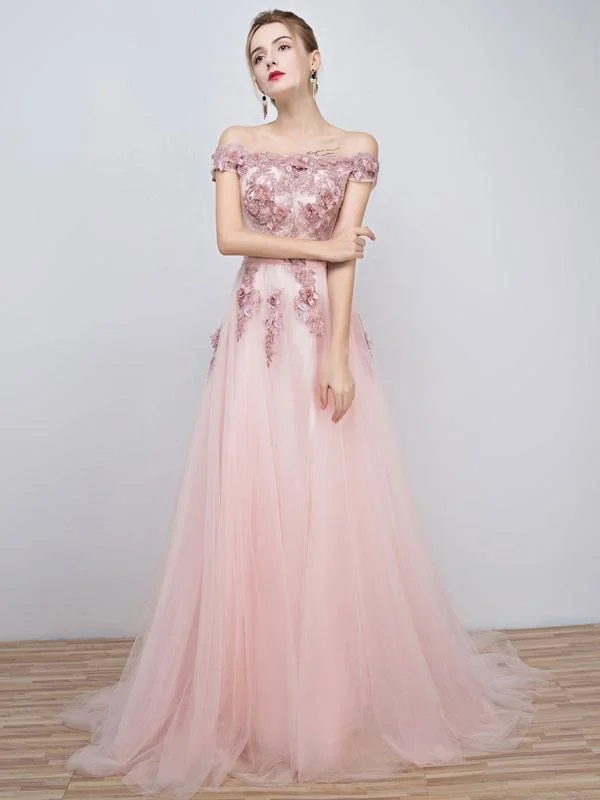 evening dress with illusion neckline-Pink Prom Dresses 2021 Long Tulle Off The Shoulder Prom Dress Lace Applique Beading Flower Occasion Dress With Train