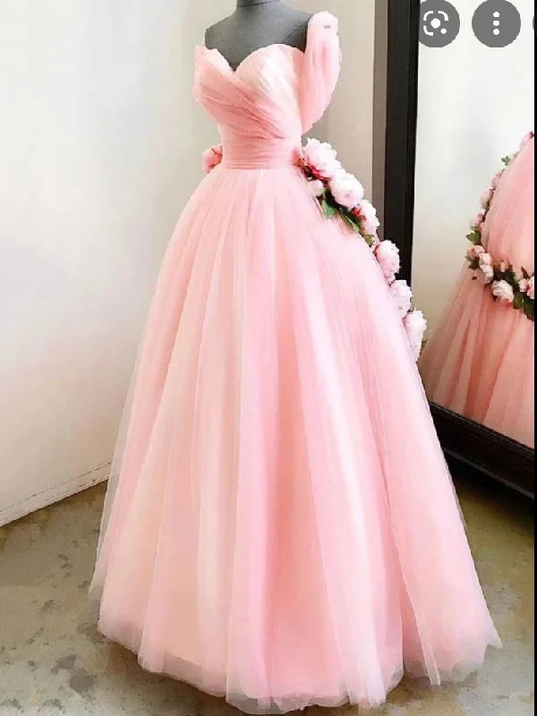 sweetheart neckline evening dress-Pink Prom Dresses with 3D Flowers