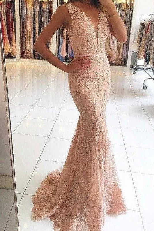 plus size evening dress-Pink Sleeveless Formal Dresses Mermaid Sheer Back Lace Prom Gown