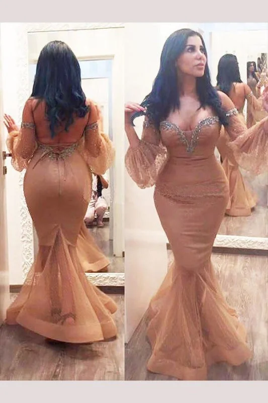 satin evening dress-Plus Size Mermaid Floor-length Long Sleeves Off-the-shoulder Tulle Backless Prom Dress