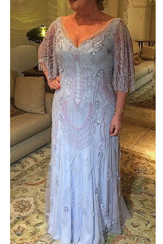 cap sleeve evening dress-Plus Size Mother of the Bride Dresses Floor Length with Beading