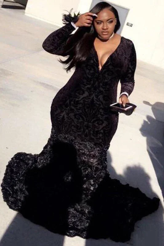 satin evening gown-Plus Size Prom Dresses Mermaid Black Lace Plunging V Neck Long Sleeve Evening Gowns With 3D Flowers