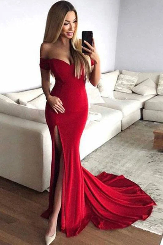 sleeveless evening dress-Precious Elegant Precious Red Off the Shoulder Split Mermaid Prom Dress Long Formal Dresses with Slit