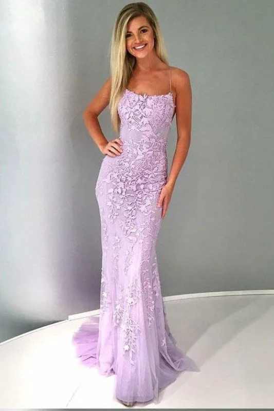 sparkling evening dress-Precious Excellent Affordable Spaghetti Strap Mermaid Dress Appliques Tulle Senior Prom Dresses