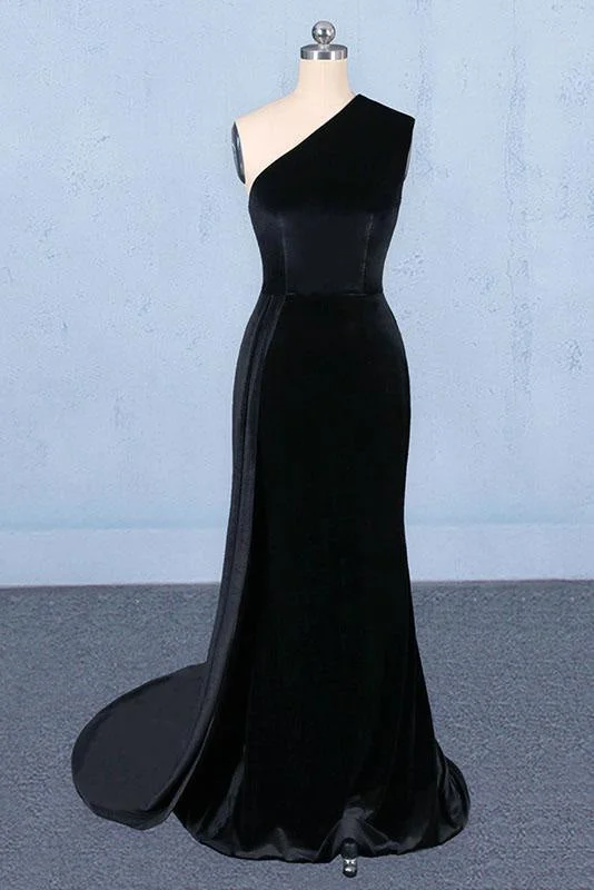 sweetheart neckline evening dress-Precious Exquisite One Shoulder Mermaid Long Evening Dress Unique Black Prom Dresses