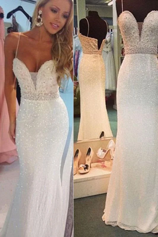 velvet evening dress-Precious Marvelous Attractive Sexy White Beaded Spaghetti Straps Mermaid Evening Party Dresses Sparkly Prom Gown