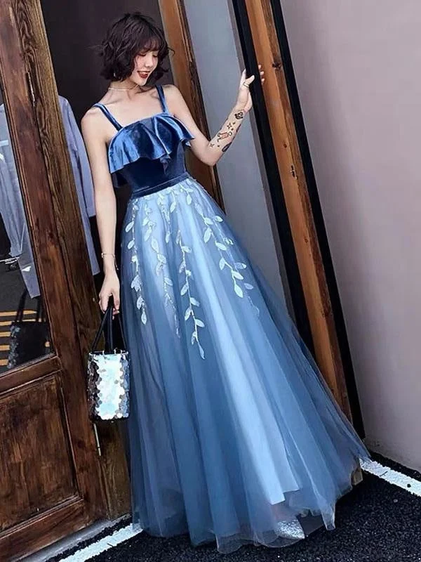 evening dress with ruffles-Prom Dress 2021 Tulle A Line Straps Ankle Length Leaf Lace Formal Homecoming Party Dresses