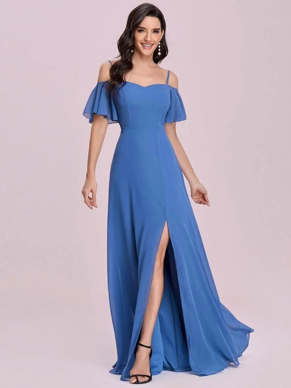 evening dress with lace overlay-Prom Dress Blue Grey A-Line Off The Shoulder Sleeveless Split Front Chiffon Evening Dress