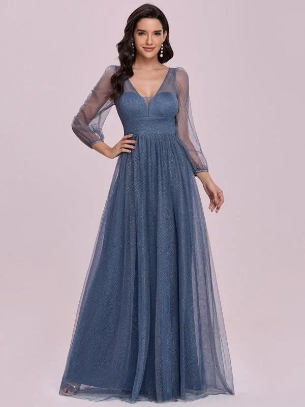 formal evening dress-Prom Dress Blue Grey Tulle V-Neck A-Line Long Sleeves Floor-Length Pageant Dresses