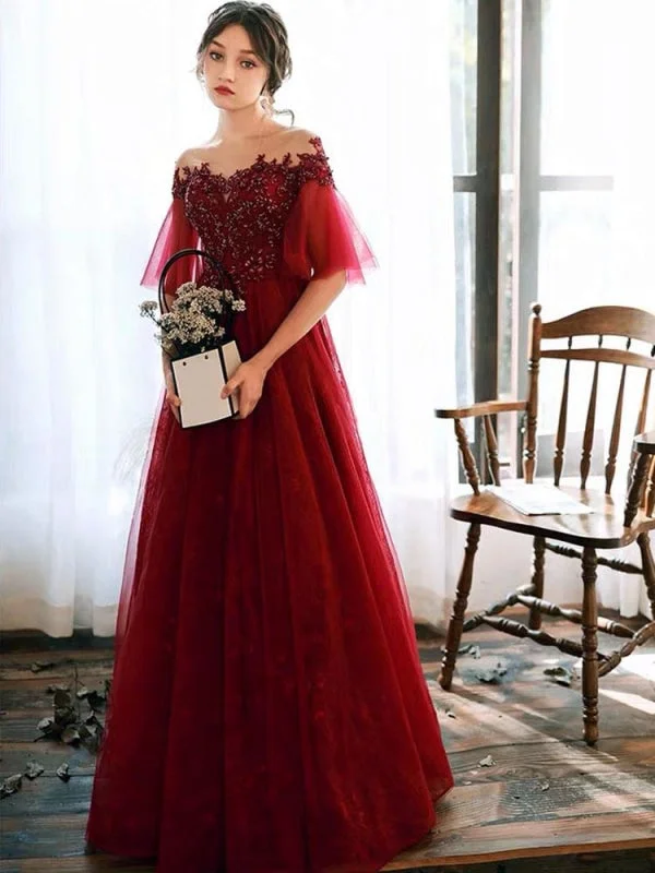 evening dress with back detail-Prom Dress Illusion Neckline A Line Half Sleeves Lace Floor Length Tulle Party Dresses