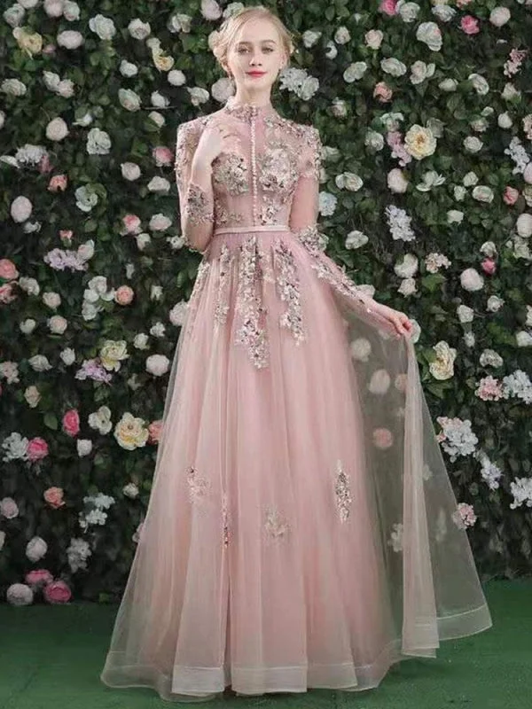 lace evening dress-Prom Dress Pink High Collar Soft Tulle Lace A-Line Long Sleeves Lace-Up Beaded Party Dresses