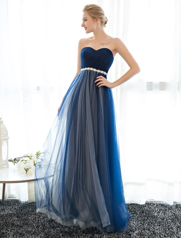 ruched evening dress-Prom Dress Strapless Dark Navy Sweetheart Neckline Long Party Dresses Beaded Sash Pleated Tulle Floor Length Evening Dress