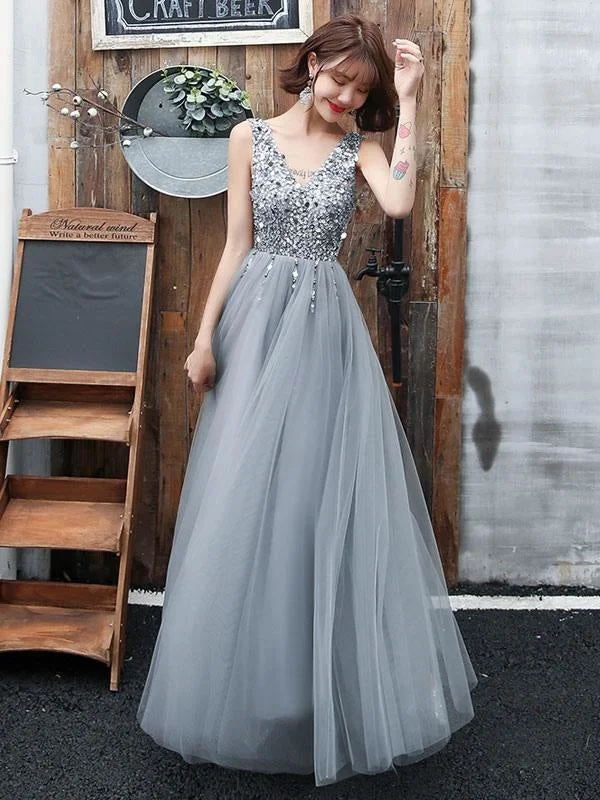 halter neck evening dress-Prom Dress V Neck A Line Sleeveless Floor Length Wedding Guest Dresses