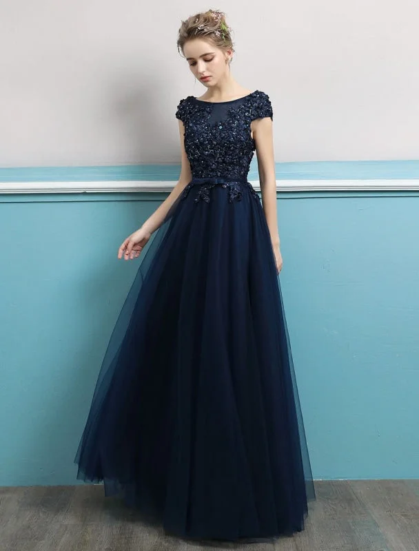 evening dress for weddings-Prom Dresses 2021 Long Dark Navy Evening Dress Jewel Neck Open Back Sequin Flowers Beaded Tulle Floor Length Formal Gowns