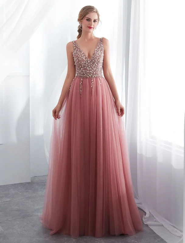 elegant evening wear-Prom Dresses Cameo Pinkv Neck Beading A Line Formal Evening Dress With Train