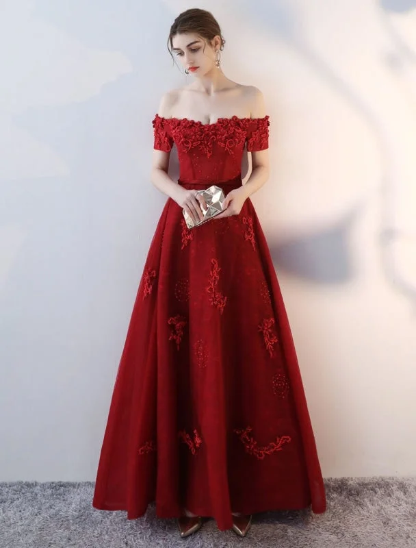 high neck evening dress-Prom Dresses Long Burgundy Off The Shoulder Prom Dress Lace Applique Heavy Beading Sash Floor Length Formal Evening Dress