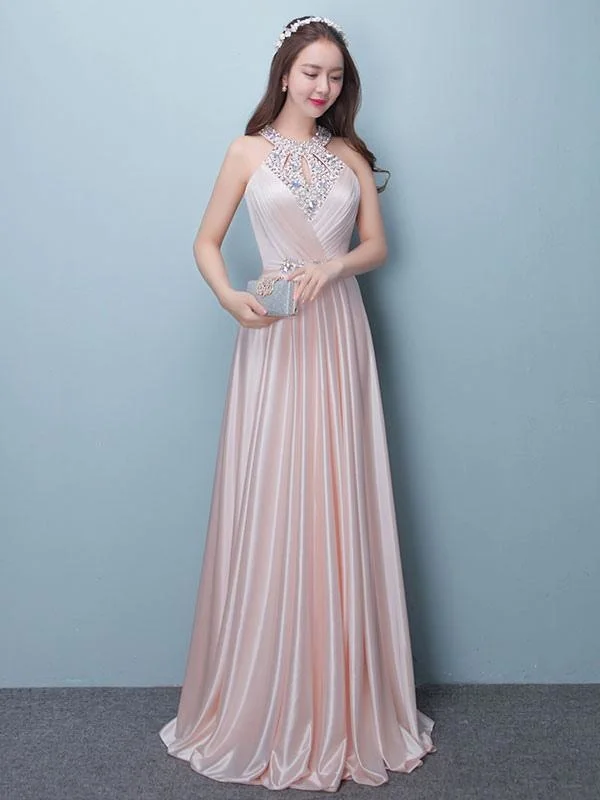 formal red evening dress-Prom Dresses Long Soft Pink Satin Evening Dress Halter Beading Pleated Floor Length Formal Party Dress