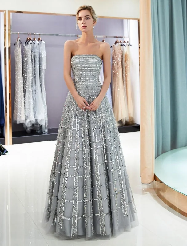 evening dress with pleats-Prom Dresses Long Strapless Sequin Light Grey Floor Length Luxury Women Pageant Dress