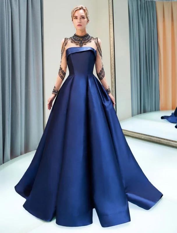 embroidered evening dress-Prom Dresses Luxury Dark Navy Satin A Line Long Sleeve Lace Illusion High Collar Quinceanera Dress