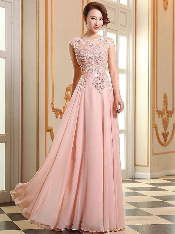 plus size evening dress-Prom Dresses Soft Pink Lace Applique Evening Dresses Chiffon Sleeveless Sash Floor Length Formal Gowns