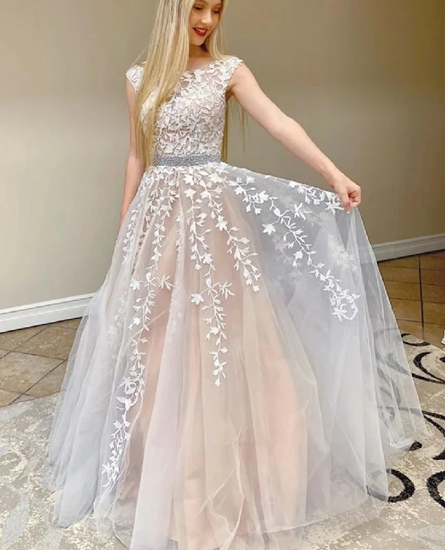 evening gown for women-Prom Dresses with Lace Appliques Tulle