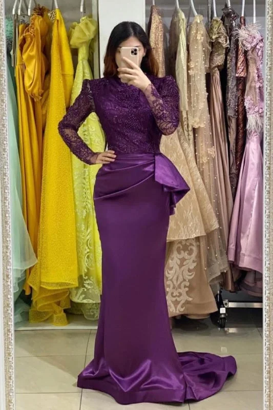 ball gown evening dress-Purple Long Sleeves Mermaid Prom Gown with Soft Floral Lace Appliques